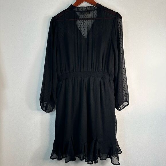 Loft Black Sheer Swiss Dot Pleated Long Sleeve Dress Womens 12 NWT Fairy Grunge - Picture 3 of 11
